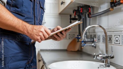 Plumber writing, sink maintenance, and kitchen handyman plumbing check. Residential water installation, home repair checklist, and constructor for construction and inspection