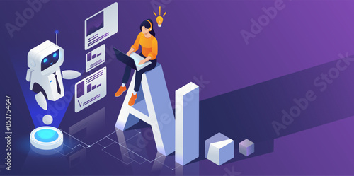 A person with a laptop sits on large AI letters next to a robot, with charts and a lightbulb on a purple background. Concept of artificial intelligence. Vector illustration