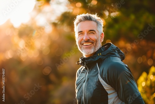 Man on his 50s enjoying outdoors activity, shallow focus, hiking sport, smiling sports man, self-improvement, copy space
