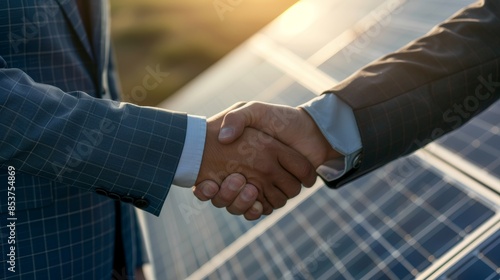 Solar panel mockup, handshake, and sustainability partnership. Zoom, men and employees collaborate environmentally, energy for electricity or meetings.