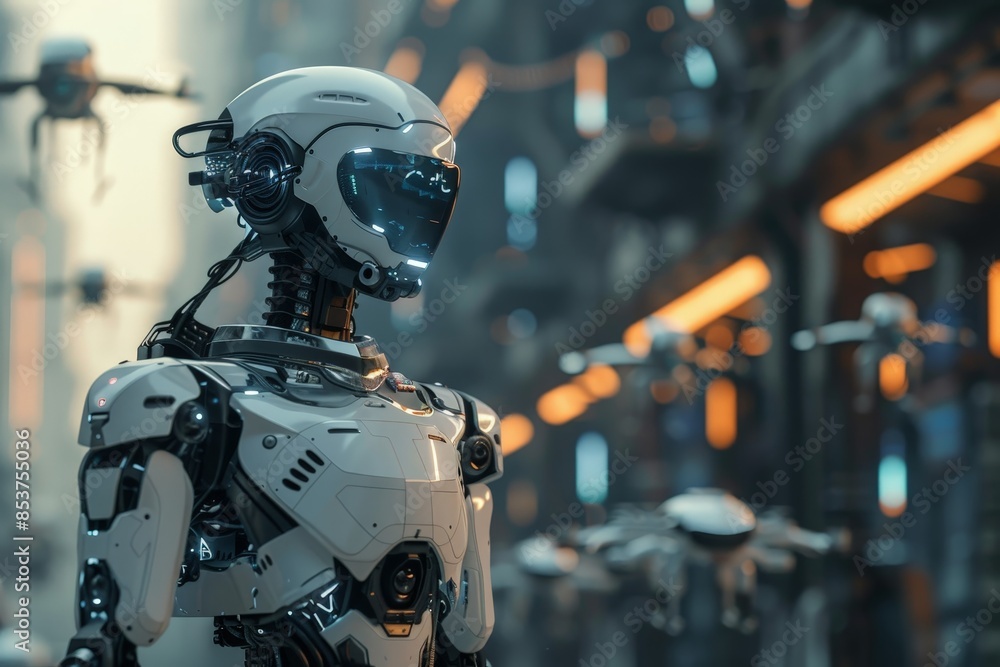 Futuristic Robot in a High-Tech Cityscape with Drones and Neon Lights - Advanced AI Technology Concept Futuristic Robot in a High-Tech Cityscape with Drones and Neon Lights - Advanced AI Technology Concept