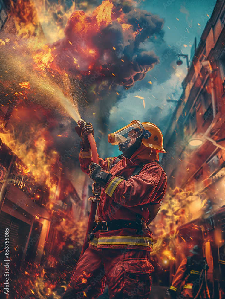 Fototapeta premium pop surrealism a character a firefighters extinguing the fire.