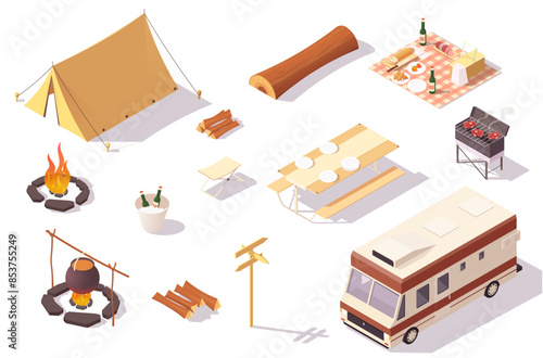 Camping equipment including tent, campfire, picnic setup, and RV on a white background. Vector illustration