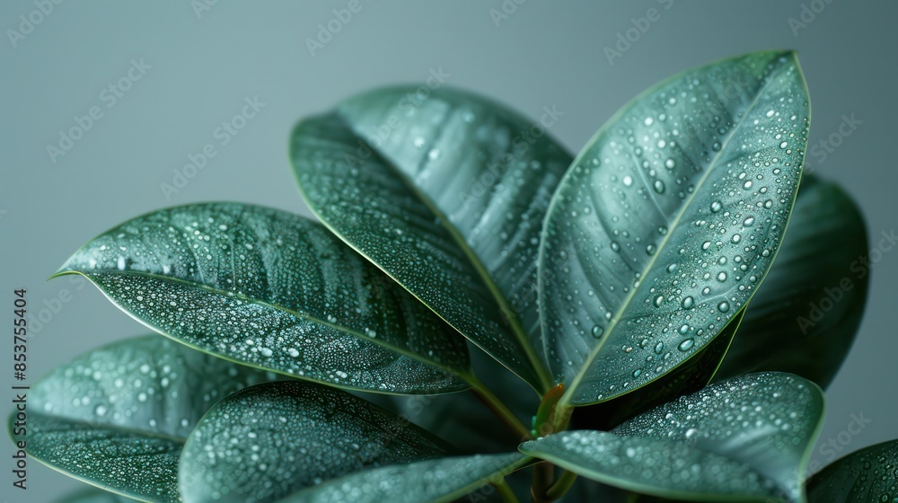Obraz premium A close-up of a rubber plant leaf showing its glossy surface and rich green color against a white background.