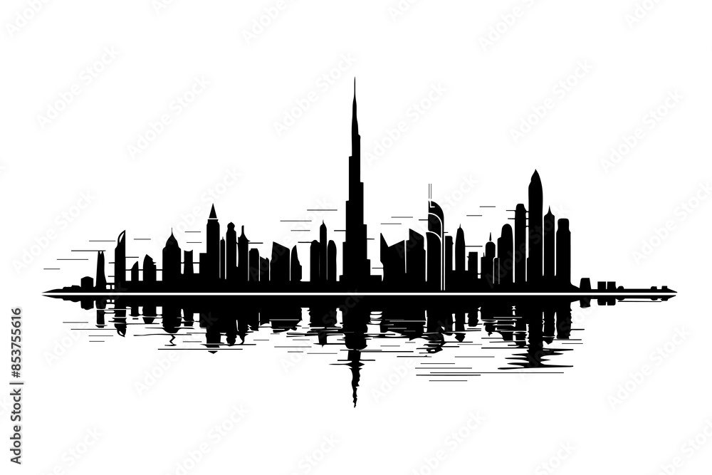 Fototapeta premium Dubai skyline silhouette with reflection, modern urban landscape.