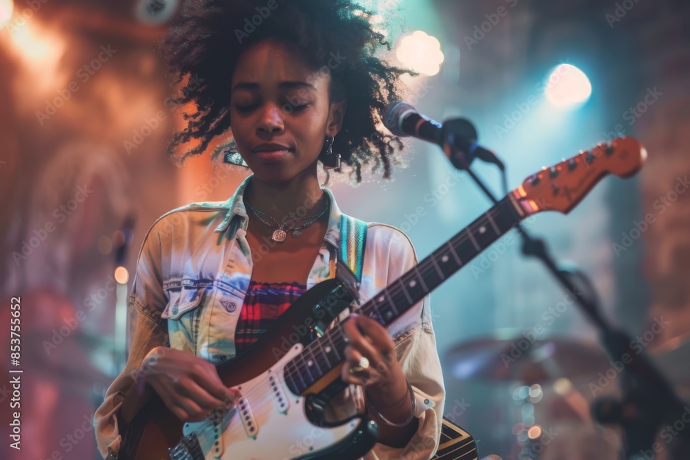 Naklejka premium Woman Playing Electric Guitar on Stage