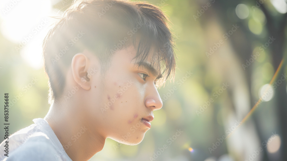 Side profile of young Asian man with acne and scars on face in soft sunlight. Blurred outdoor background with natural light Side profile of young Asian man with acne and scars on face in soft sunlight. Blurred outdoor background with natural light