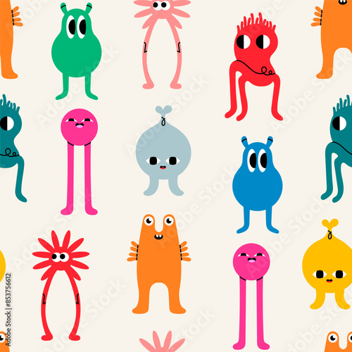 Abstract little Monsters or fantastic animals. Various quirky funny creatures. Cartoon childish style. Cute characters. Colorful hand drawn Vector illustration. Square seamless Pattern, background