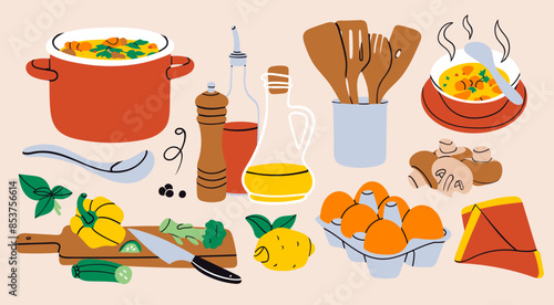 Soup in pan, utensils, pepper grinder, oil, mushrooms, cutting board, lemon, eggs, napkin, seasonal vegetables. Delicious vegetarian food concept. Hand drawn Vector illustration. Isolated elements