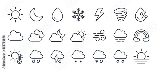 Weather editable stroke outline icons set isolated on white background flat vector illustration. Pixel perfect. 64 x 64.