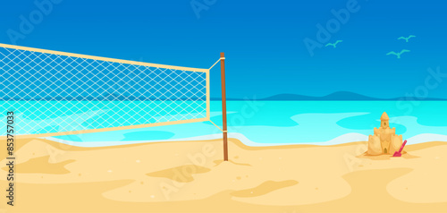 Beach volleyball net and sandcastle with shovel on sandy beach background. Vector illustration