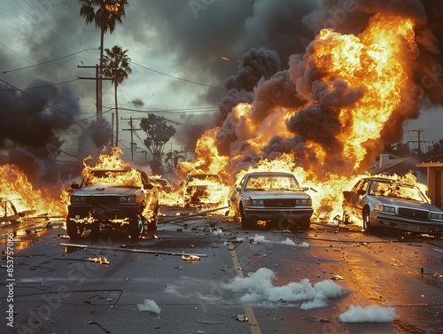 This gripping image captures the intense chaos of street riots in the usa, featuring overturned cars and fires, providing a jarring portrayal of civil unrest and societal turmoil.