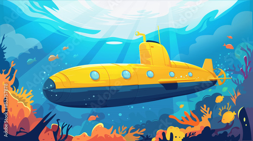 A yellow submarine under the ocean with fish and coral, in a cartoon style, with a blue background. Concept of an underwater adventure. Vector illustration