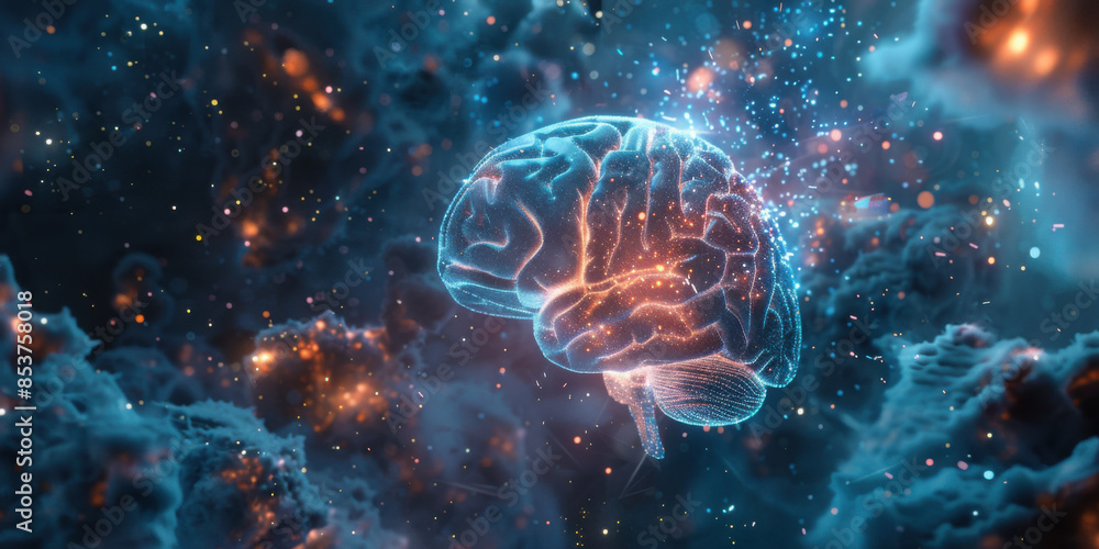 A digital representation of a brain, glowing in a virtual space, symbolizing artificial intelligence, technology, and futuristic concepts.
