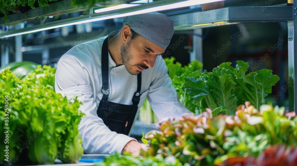 Farmer inspecting fresh organic lettuce in a hydroponic farm. Farmer inspecting fresh organic lettuce in a hydroponic farm.