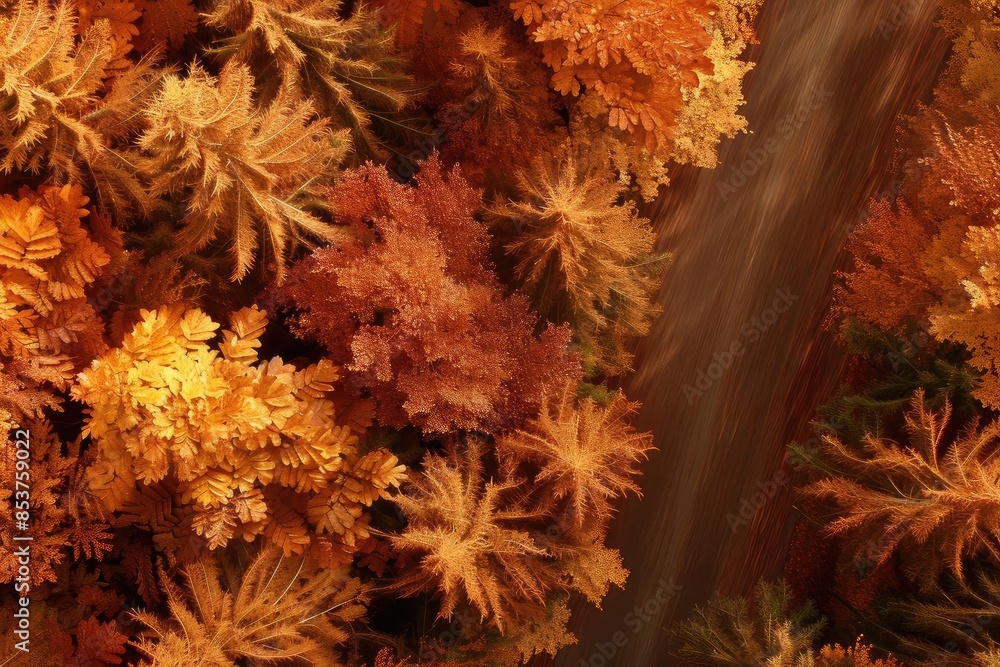 Aerial view of vibrant autumn foliage with a river flowing through. The rich colors and natural beauty evoke a sense of tranquility. Aerial view of vibrant autumn foliage with a river flowing through. The rich colors and natural beauty evoke a sense of tranquility.