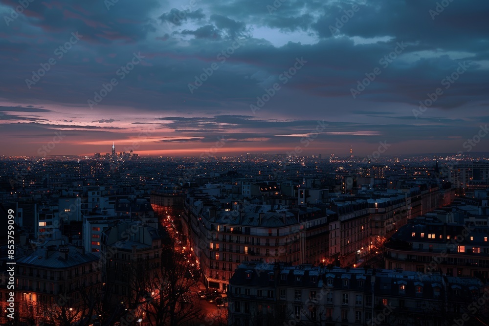 Paris, capital of France panorama aerial view at dusk at blue hour with copy space upon Paris, capital of France panorama aerial view at dusk at blue hour with copy space upon