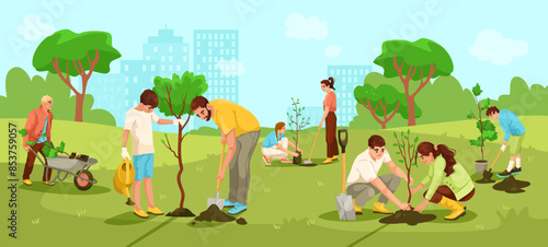 A group of people planting trees in a park, cartoon graphic style, cityscape in the background. Concept of community gardening and environmental conservation. Vector illustration