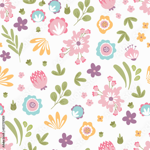 Seamless pattern with cute flowers. Design for fabric, textile, wallpaper, packaging.	