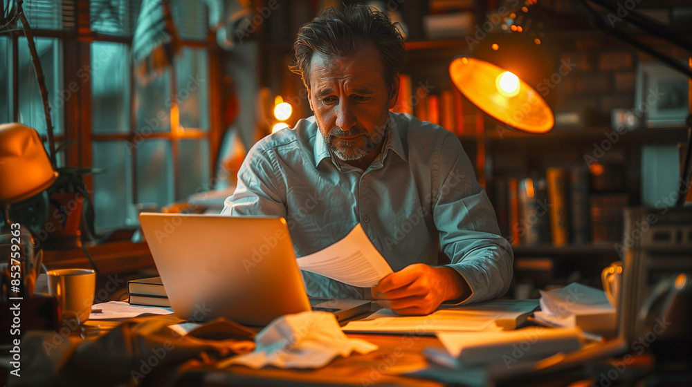 A man sits at his desk in his home office, working late into the night. He is surrounded by papers and a laptop, and a lamp illuminates his work A man sits at his desk in his home office, working late into the night. He is surrounded by papers and a laptop, and a lamp illuminates his work