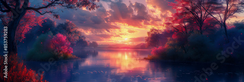 A picturesque scene of a tranquil lake surrounded by trees with vibrant foliage. The setting sun casts a warm glow on the water, creating a breathtaking reflection
