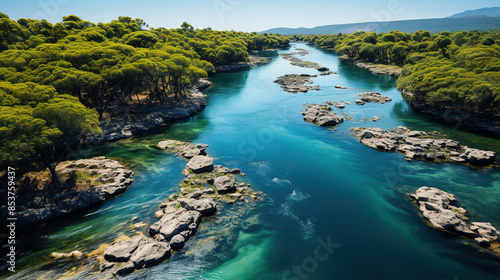 Beautiful Tranquil River Flowing Through Verdant Forest Aerial View Of Landscape Background