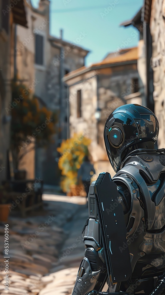 A futuristic robot wandering through a narrow, cobblestone street in an old European village, showcasing a blend of past and future. A futuristic robot wandering through a narrow, cobblestone street in an old European village, showcasing a blend of past and future.