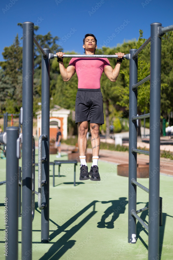 vertical photo of a latin man in pink shirt performs pull-ups on outdoor fitness equipment in a sunny park.