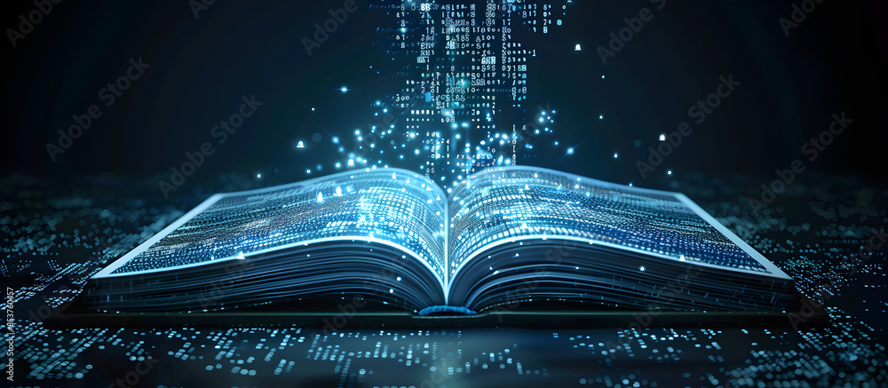 Open book with glowing data pages and Digital Code, Integration of ...