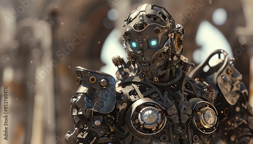 Futuristic robot with glowing blue eyes standing in a post-apocalyptic environment, showcasing advanced artificial intelligence and intricate design.