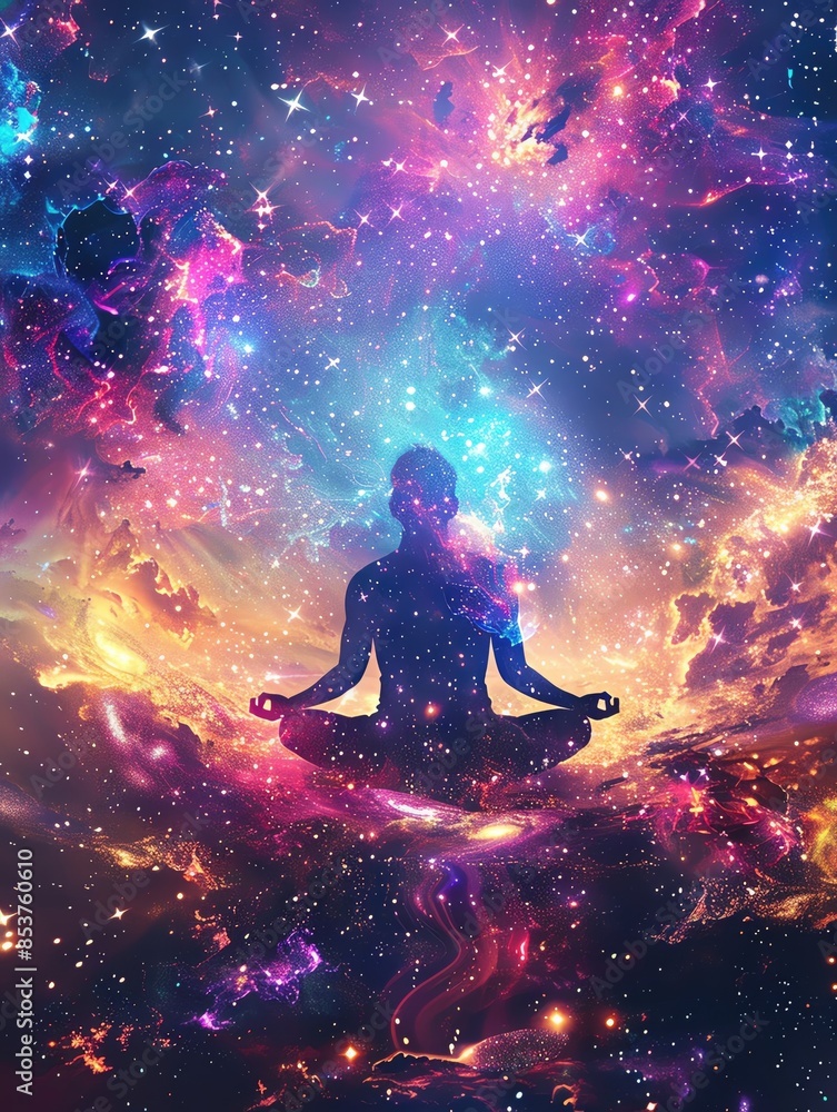 Silhouette of a person meditating in a vibrant cosmic space, surrounded by colorful nebulae and stars. Concept of inner peace and spirituality. Silhouette of a person meditating in a vibrant cosmic space, surrounded by colorful nebulae and stars. Concept of inner peace and spirituality.