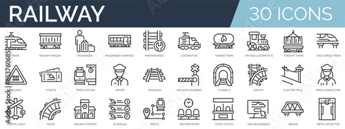 Set of 30 outline icons related to railway. Linear icon collection. Editable stroke. Vector illustration