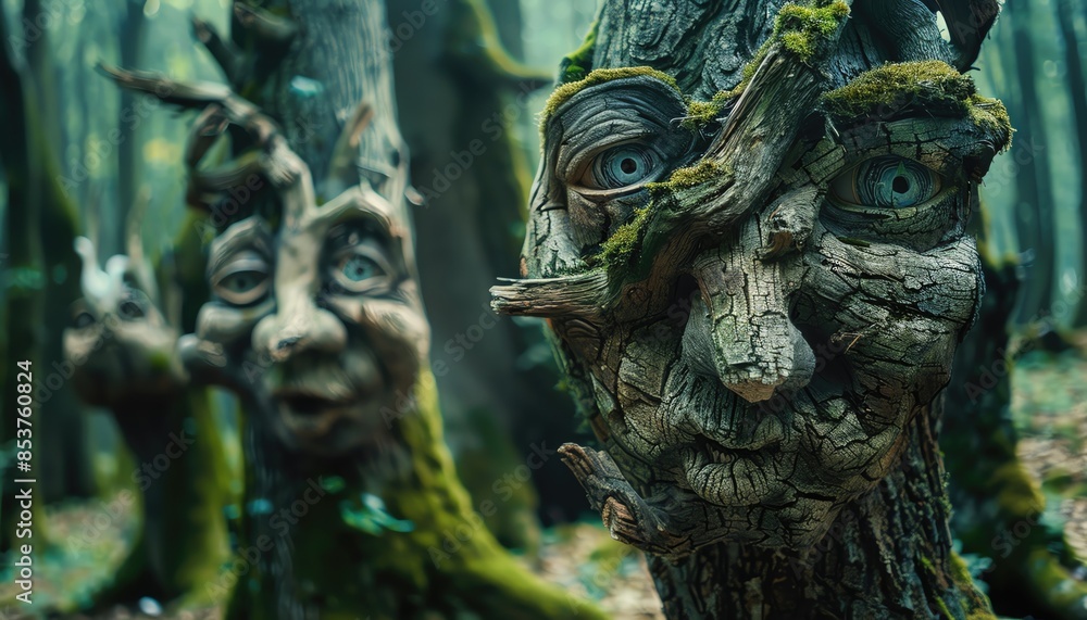 Whimsical tree faces in a mystical forest, showcasing imaginative nature art with moss-covered bark. Whimsical tree faces in a mystical forest, showcasing imaginative nature art with moss-covered bark.