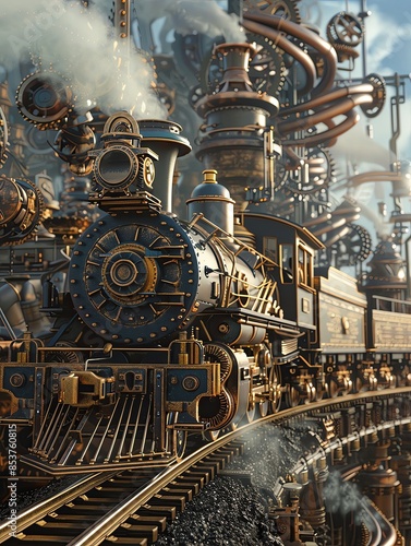 Vintage steampunk train traveling through a fantastical industrial cityscape with intricate machinery and detailed steam engines.