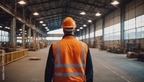 Capturing the scale of industry, a lone worker in safety attire stands amidst the machinery and open space of a brightly lit warehouse © Александр Бердюгин