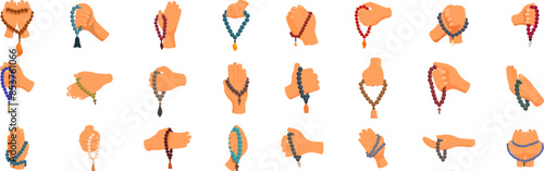 Prayer beads icons set. Set of diverse hands gently holding and manipulating prayer beads, highlighting different ways people find peace and spiritual connection