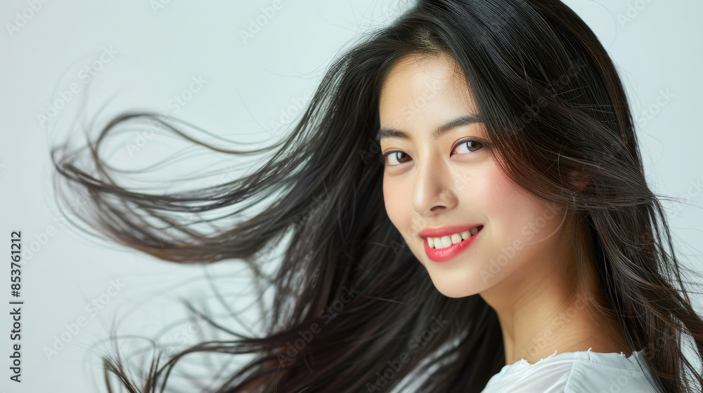 Beautiful glamorous Chinese American woman with smiling face and long flowing hair for hair care advertisement with natural makeup isolated on white background Beautiful glamorous Chinese American woman with smiling face and long flowing hair for hair care advertisement with natural makeup isolated on white background