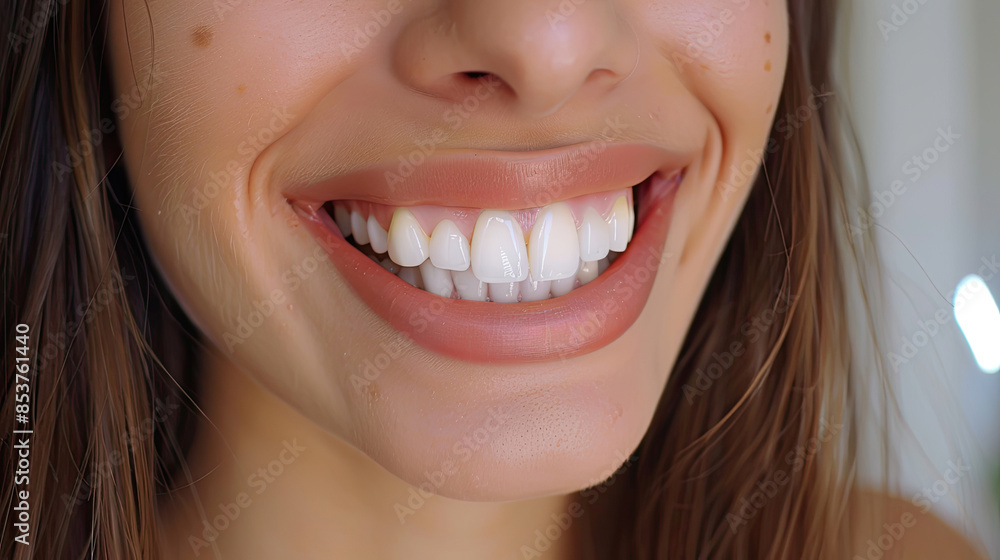 Close-up of a woman's smile with beautiful lips and healthy white teeth becomes more prominent and charming for dental and dentist advertisements Close-up of a woman's smile with beautiful lips and healthy white teeth becomes more prominent and charming for dental and dentist advertisements