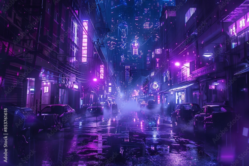 Obraz premium Neon Cyberpunk City, Urban Future Metaverse, Night Purple Street Texture Background, Copy Space
