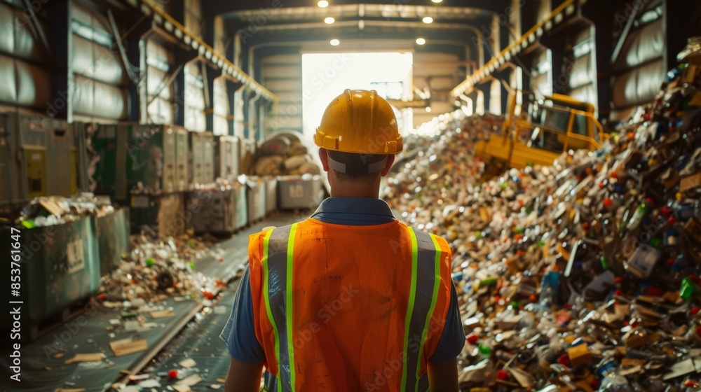 A foreman controls the separation of recycled waste at a recycling plant. Plastic bottle waste and other types of plastic waste A foreman controls the separation of recycled waste at a recycling plant. Plastic bottle waste and other types of plastic waste