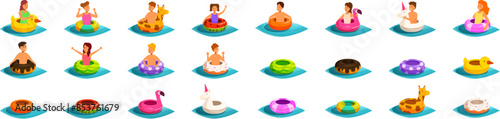 Kids swim rubber ring icons set. People relaxing on inflatable rings and having fun in swimming pool or on beach, summer vacation concept