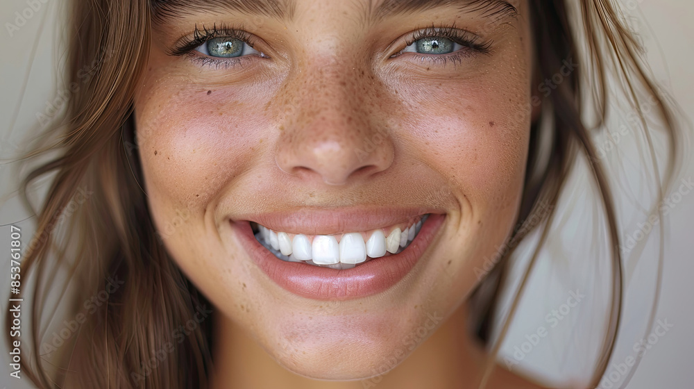 Close-up of a woman's smile with beautiful lips and healthy white teeth becomes more prominent and charming for dental and dentist advertisements Close-up of a woman's smile with beautiful lips and healthy white teeth becomes more prominent and charming for dental and dentist advertisements