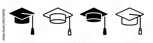 Graduation cap vector icon set isolated. Graduation hat sign, symbol in line and flat style isolated on white background. Vector illustration