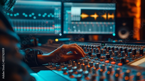 Moody Blue and Orange Recording Studio with Sound Engineer at Work