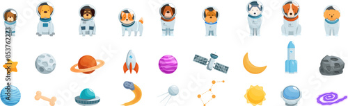 Dog astronaut icons set. Collection of cute dogs in spacesuits, accompanied by planets, rockets, and other space related elements