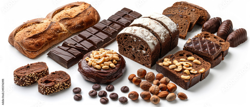 A set of various fresh homemade bakery breads with chocolate and hazelnuts isolated on a white background A set of various fresh homemade bakery breads with chocolate and hazelnuts isolated on a white background