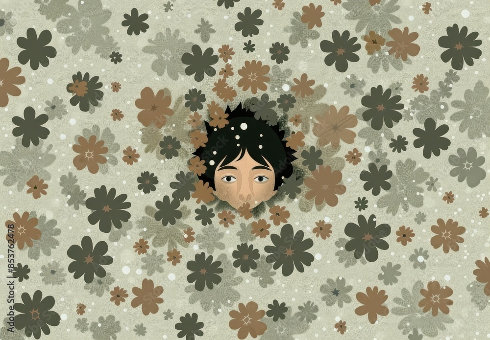 Traveling girl hiding behind blooming flowers in patterned background for fashion and beauty concept Traveling girl hiding behind blooming flowers in patterned background for fashion and beauty concept
