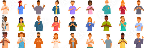 Sincere character icons set. Diverse group of people is holding their hands to their chests, expressing sincerity, gratitude, or respect