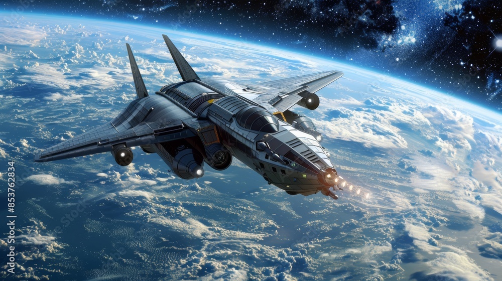 Naklejka premium Photos of futuristic spaceships in the universe with the world as the background