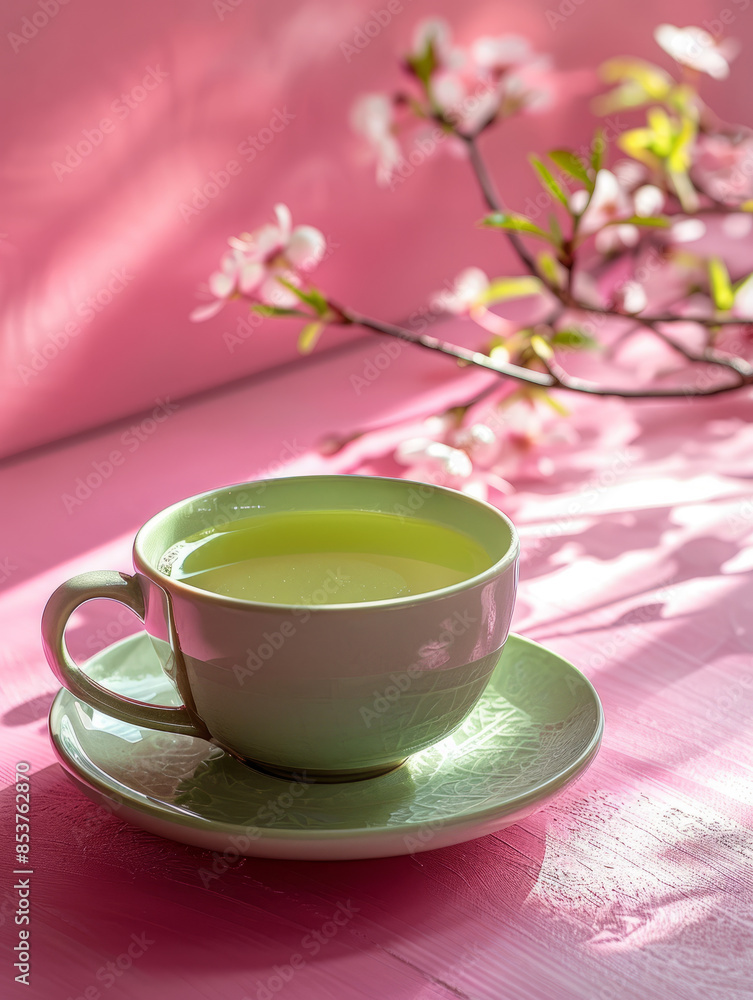 A green tea cup and saucer with cherry blossoms on a pink table. A green tea cup and saucer with cherry blossoms on a pink table.